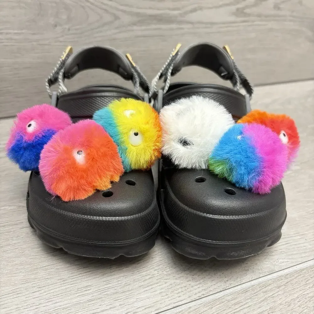 CROCS Charms Clog Sandal Fuzzy Puff Character Jibbitz Black Crocs Youth Size 13C